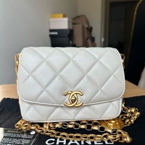 Chanel Cream Quilted Lambskin Crossbody with Gold Chain
